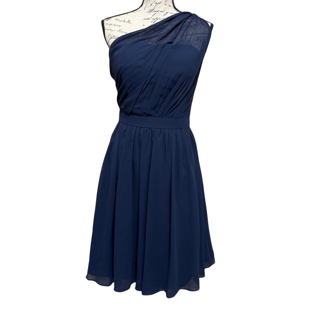 Bill Levkoff One Shoulder Chiffon Dress Size 6 Navy Semi Formal Cocktail NEW